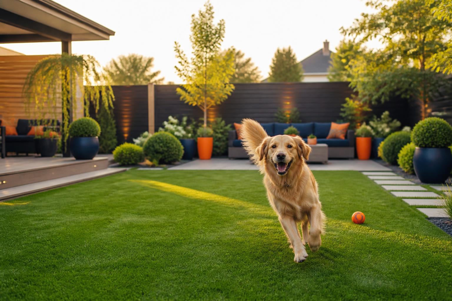 Jardin moderne avec un chien heureux sur une pelouse impeccable